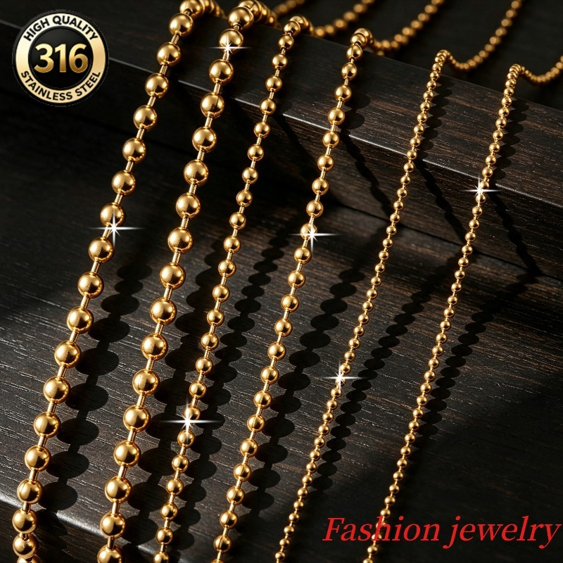 Women's Stainless Steel Beads Chain Necklace, Golden Color
